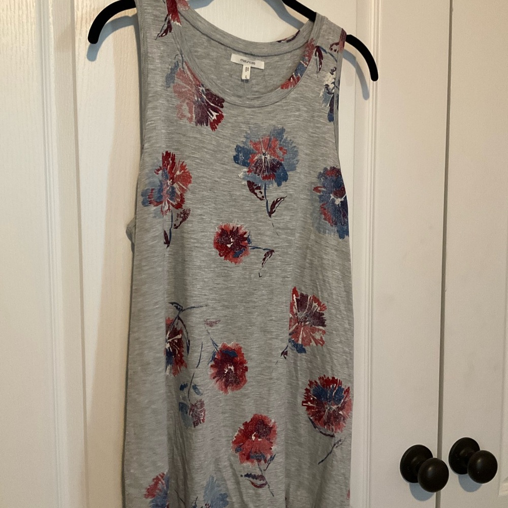Grey Floral Tank with Red & Blue Blooms